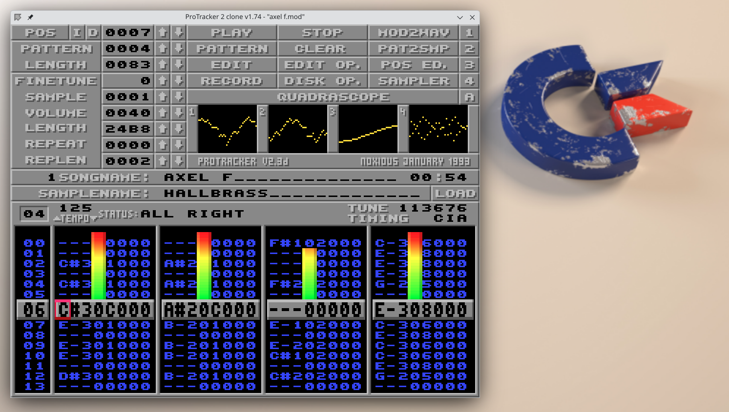 Amiga desktop with ProTracker playing AXEL F